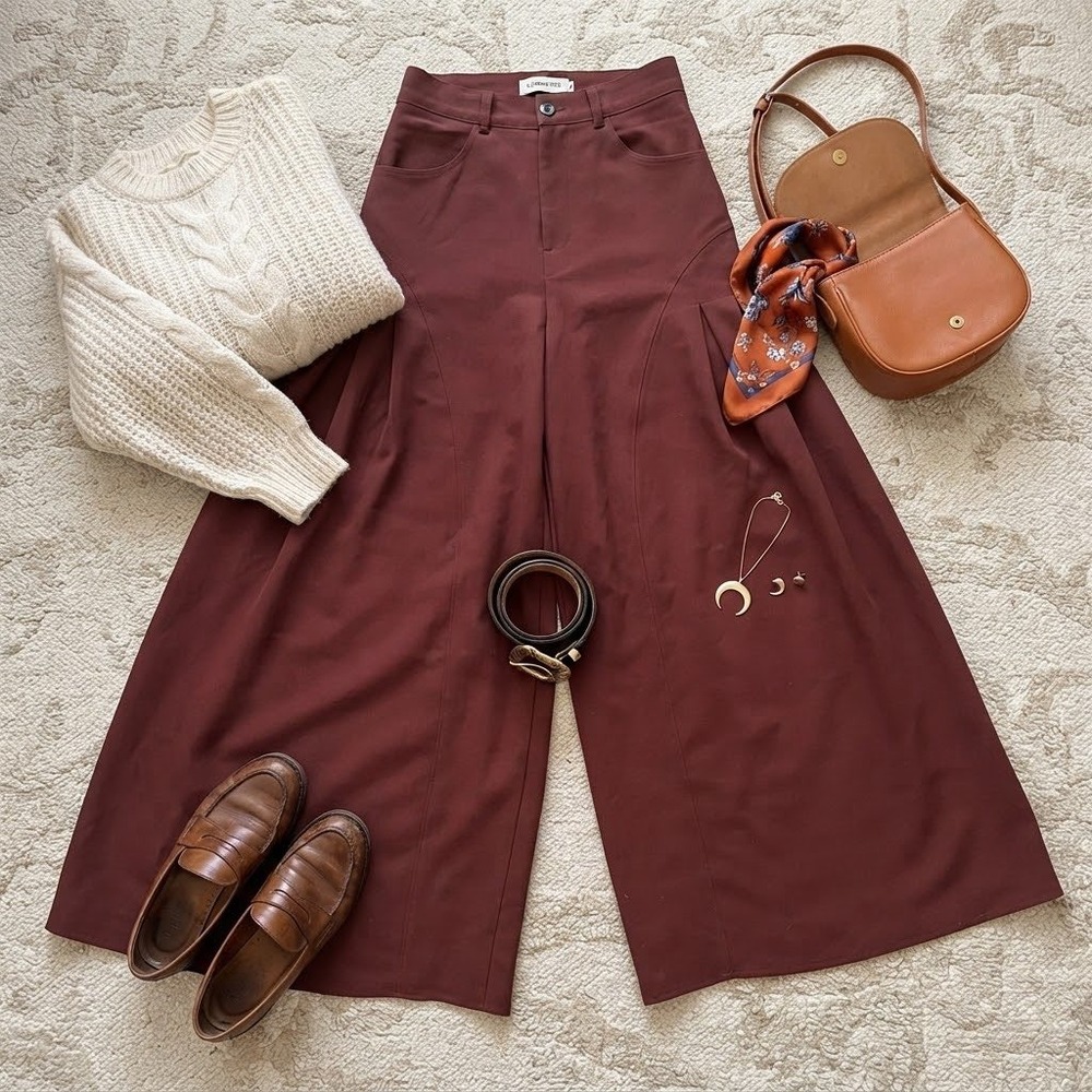 NWT Commense Burgundy Wide Leg Pleated Trousers High Waist Pants Small